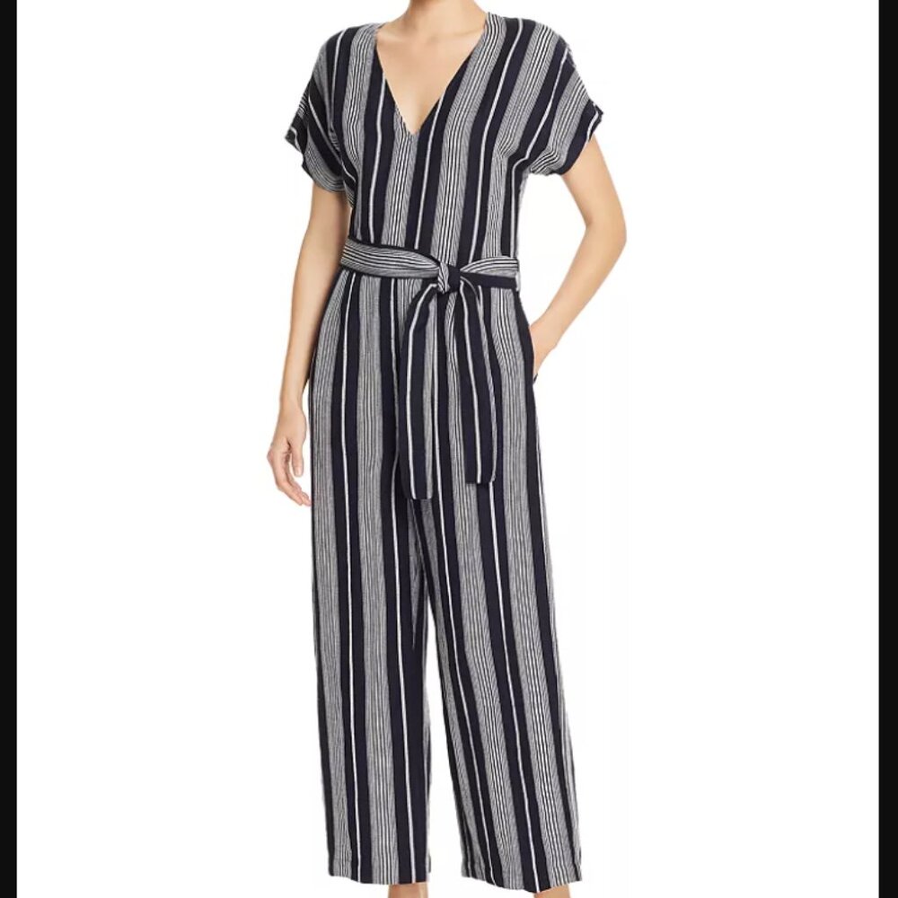 Rails Angela Striped Wide Leg Navy & Gray Belted Linen Blend Jumpsuit Romper